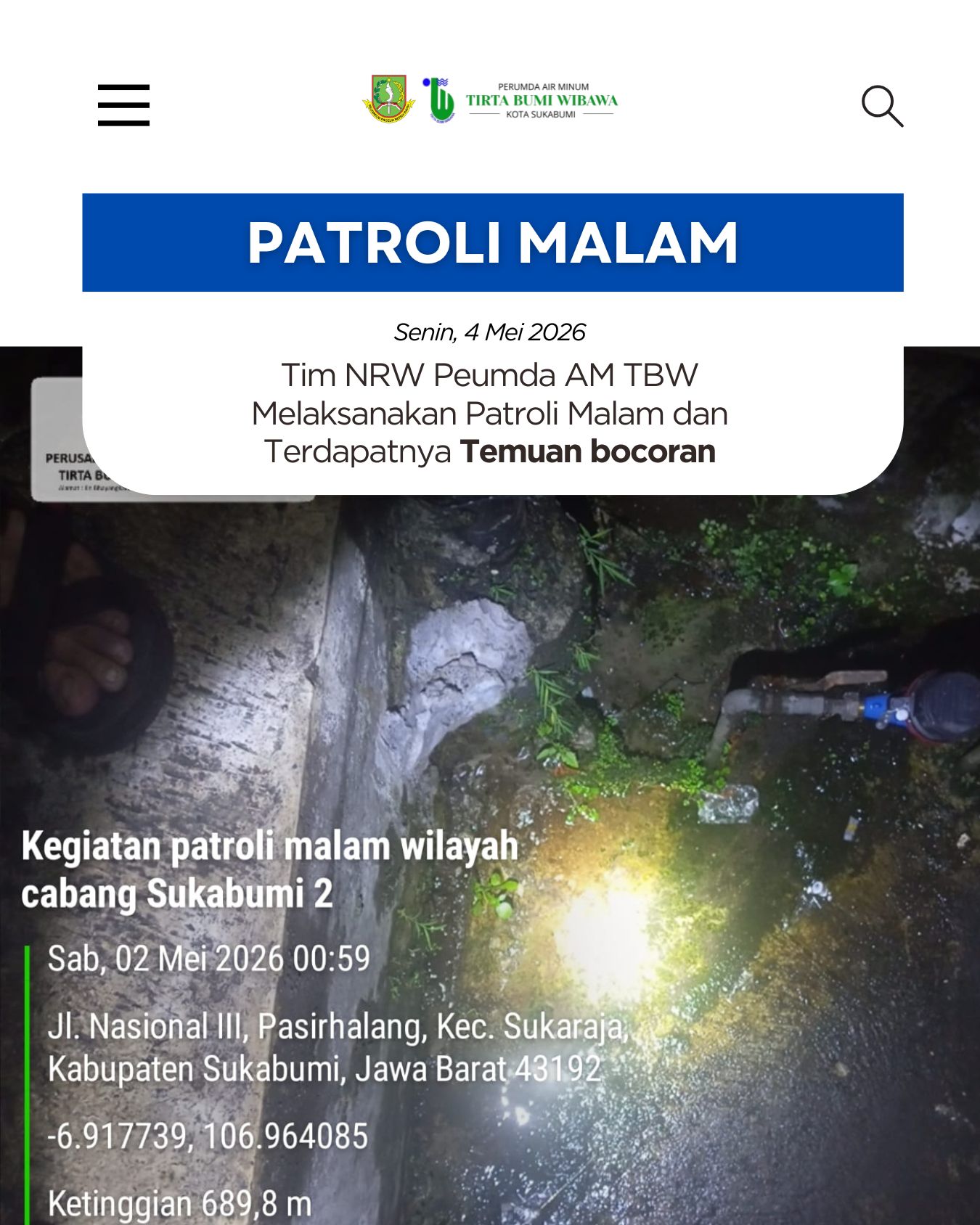 Tim NRW Perumda AM Tirta Bumi Wibawa Temukan Titik Kebocoran dalam Patroli Malam di Sukaraja