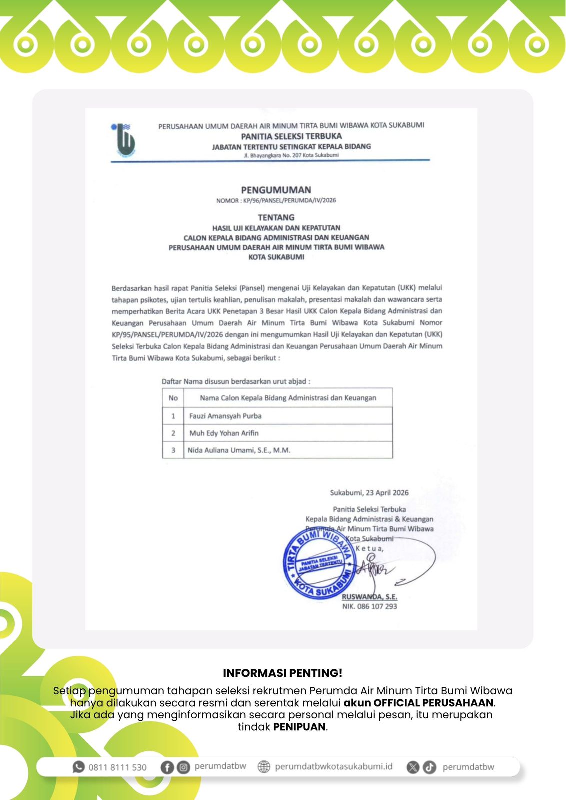 Pengumuman Tahap Seleksi UKK Kepala Bidang Administrasi dan Keuangan Perumda Air Minum Tirta Bumi Wibawa Kota Sukabumi