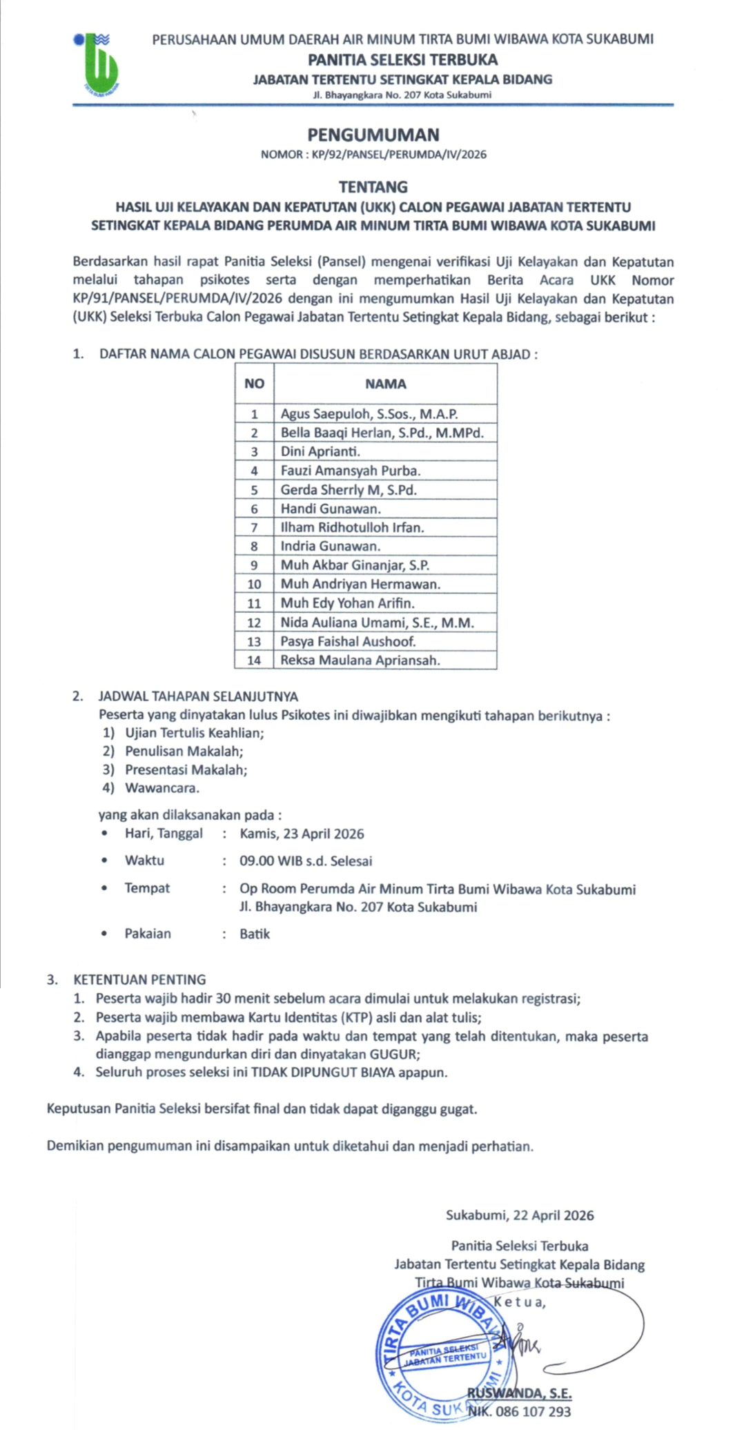 Pengumuman Hasil UKK Tahapan Psikotes Calon Pegawai Jabatan Tertentu Setingkat Kepala Bidang Perumda Air Minum Tirta Bumi Wibawa Kota Sukabumi